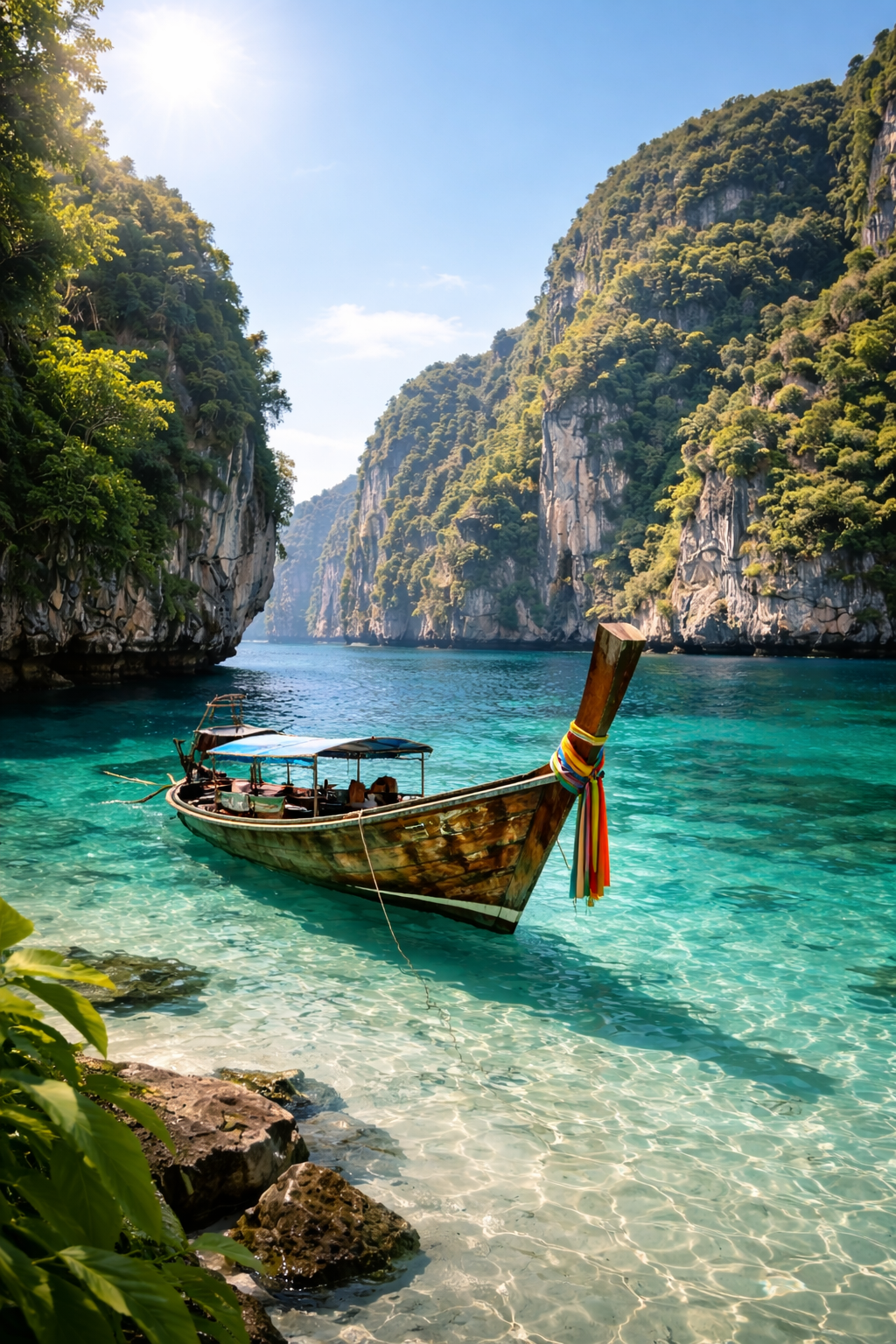 Longtail boat in turquoise bay